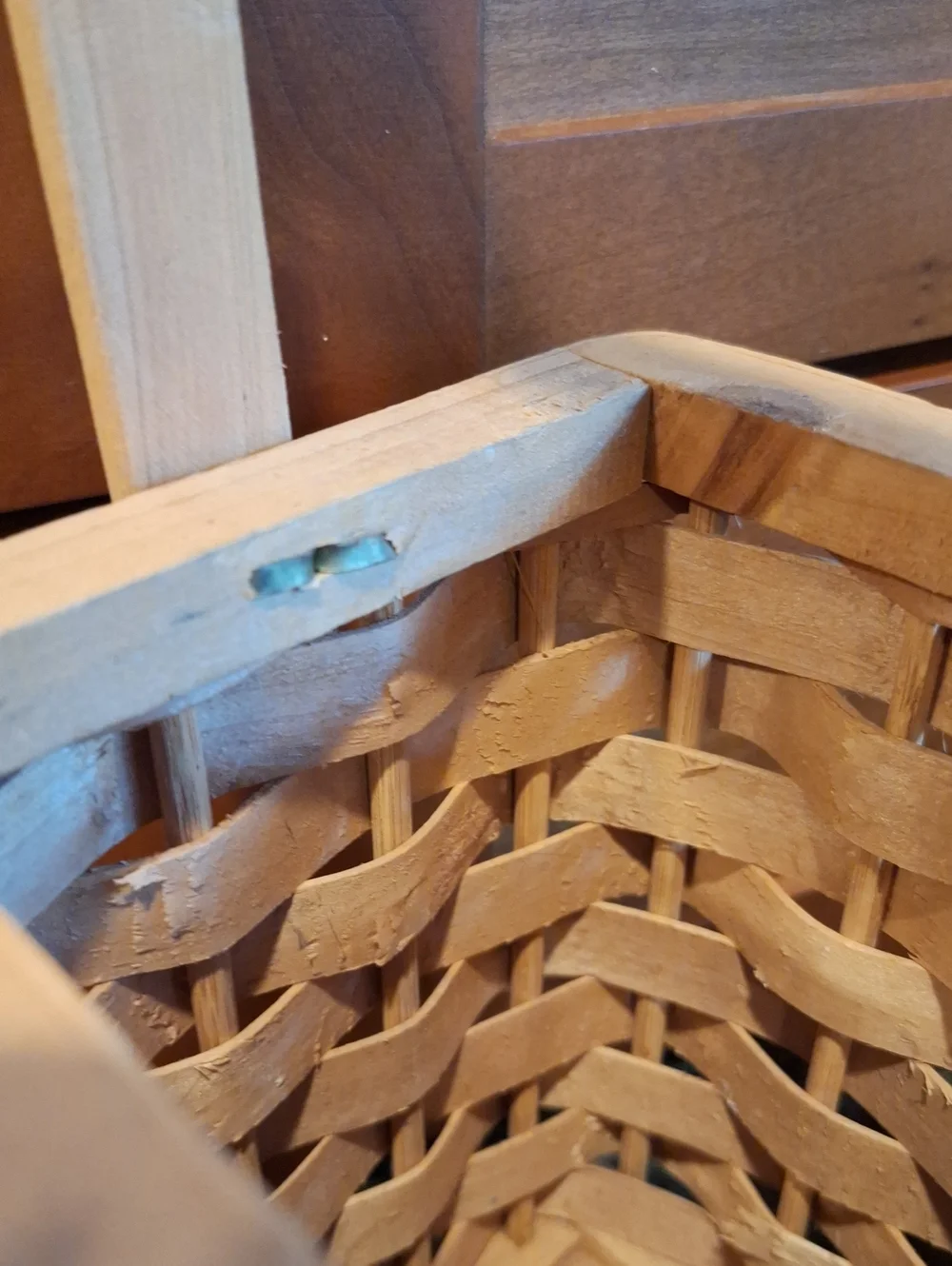 Hand Crafted Natural Wood Woven Basket with Tall Handle